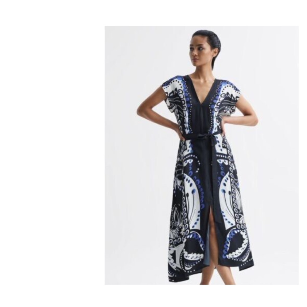 BNWT Reiss Freja Scarf Printed Midi Belted Dress US 2 UK 6